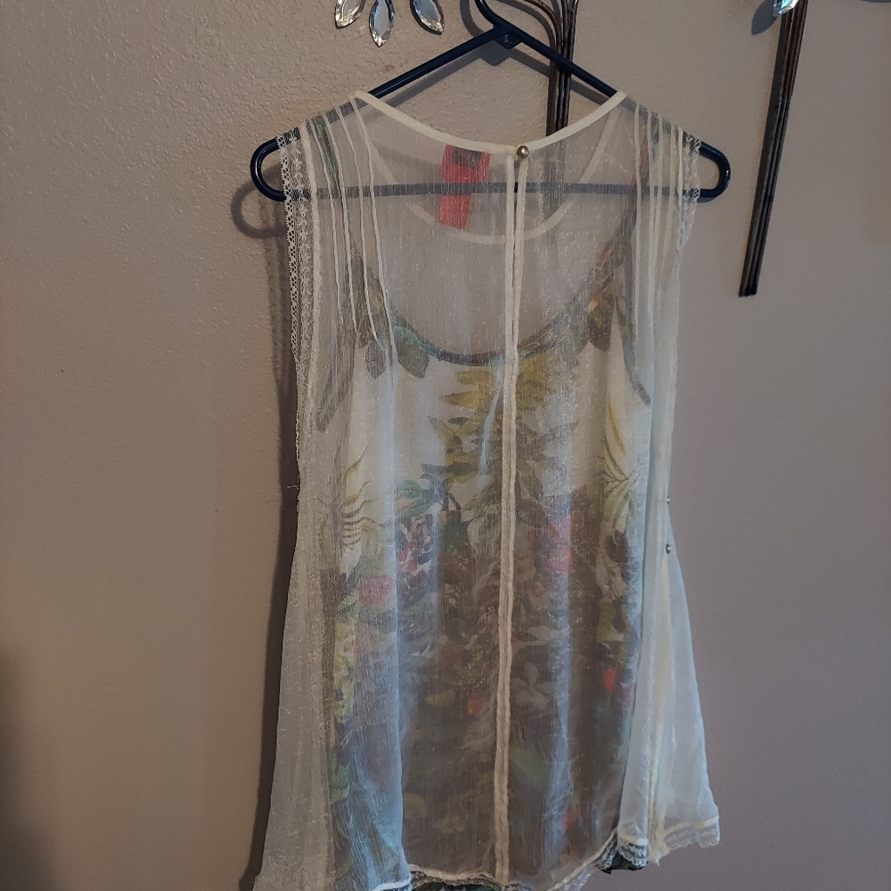 V Christina floral blouse with detachable sheer smock, small